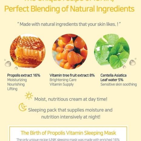iunik propolis vitamin sleeping mask iUNIK Propolis Vitamin Sleeping Mask Προϊόν Μάσκα προσώπου νύχτας με πρόπολη και βιταμίνες C & E για ενυδάτωση και λάμψη