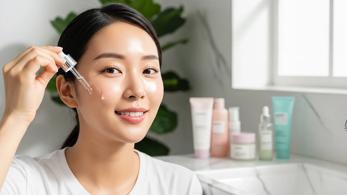 Κορεάτισσα με λαμπερό glass skin εφαρμόζει serum για ξηρό δέρμα - Οδηγός K-Beauty Kaomi